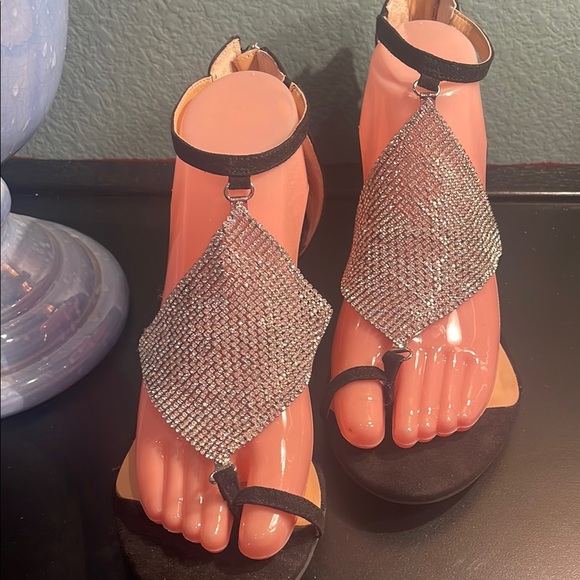 Thalia Sodi Shoes - Thalia Sodi size 8.5 Elegant Black &Rhinestones Women's Small wedge Sandals